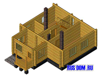Вид первого этажа деревянного небольшого рубленого дома с мансардой Инна