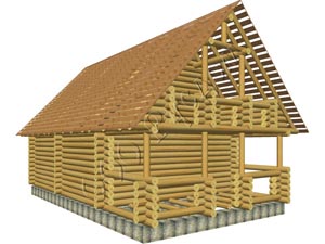 Общий вид сруба деревянного дома с балконом Легенда-2 после установки