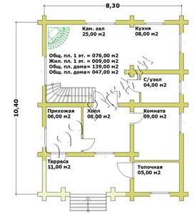 План первого этажа дома с террасой по фасаду Любава-2